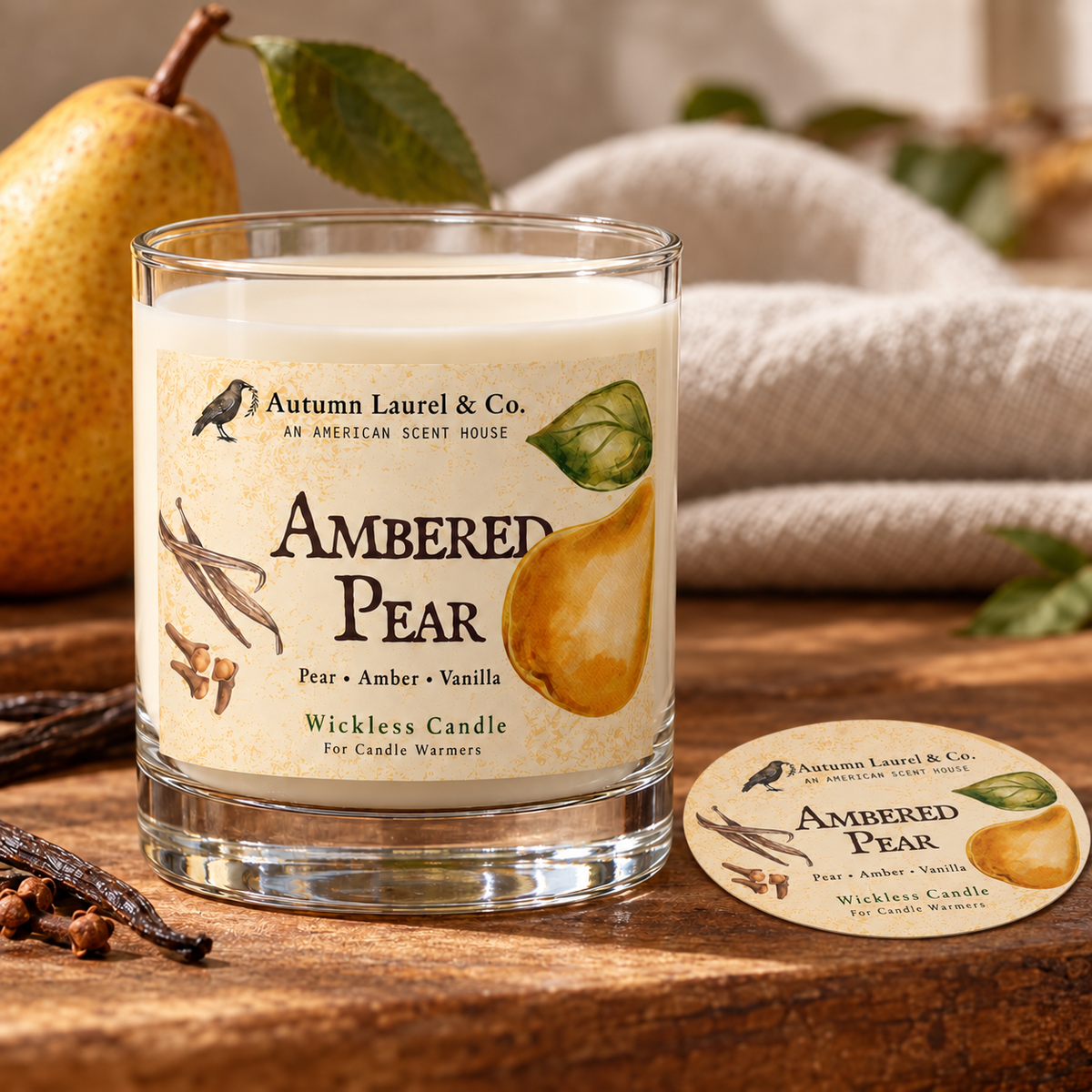Ambered Pear wickless candle in clear Libbey rocks glass with matching paper dust cover