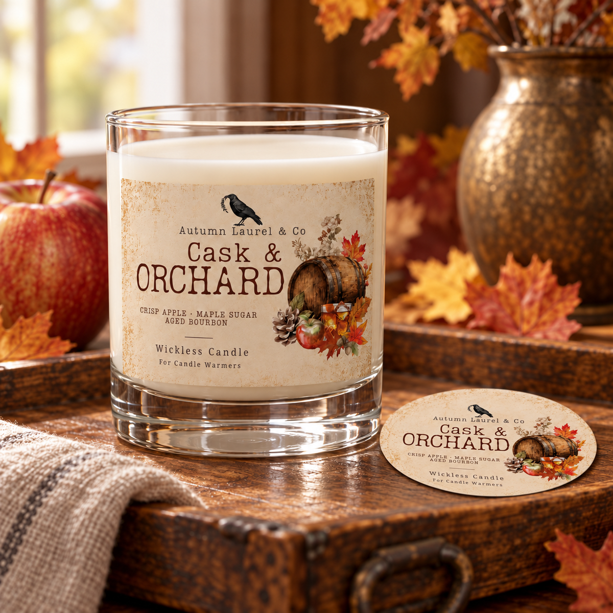 Cask & Orchard wickless candle in clear Libbey rocks glass with matching paper dust cover