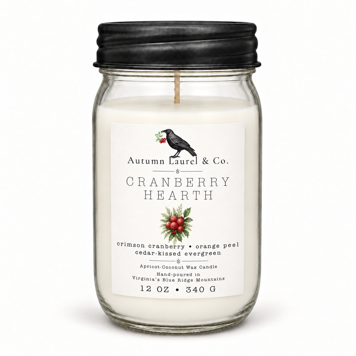 Cranberry Hearth 12 oz mason jar candle with black farmhouse lid
