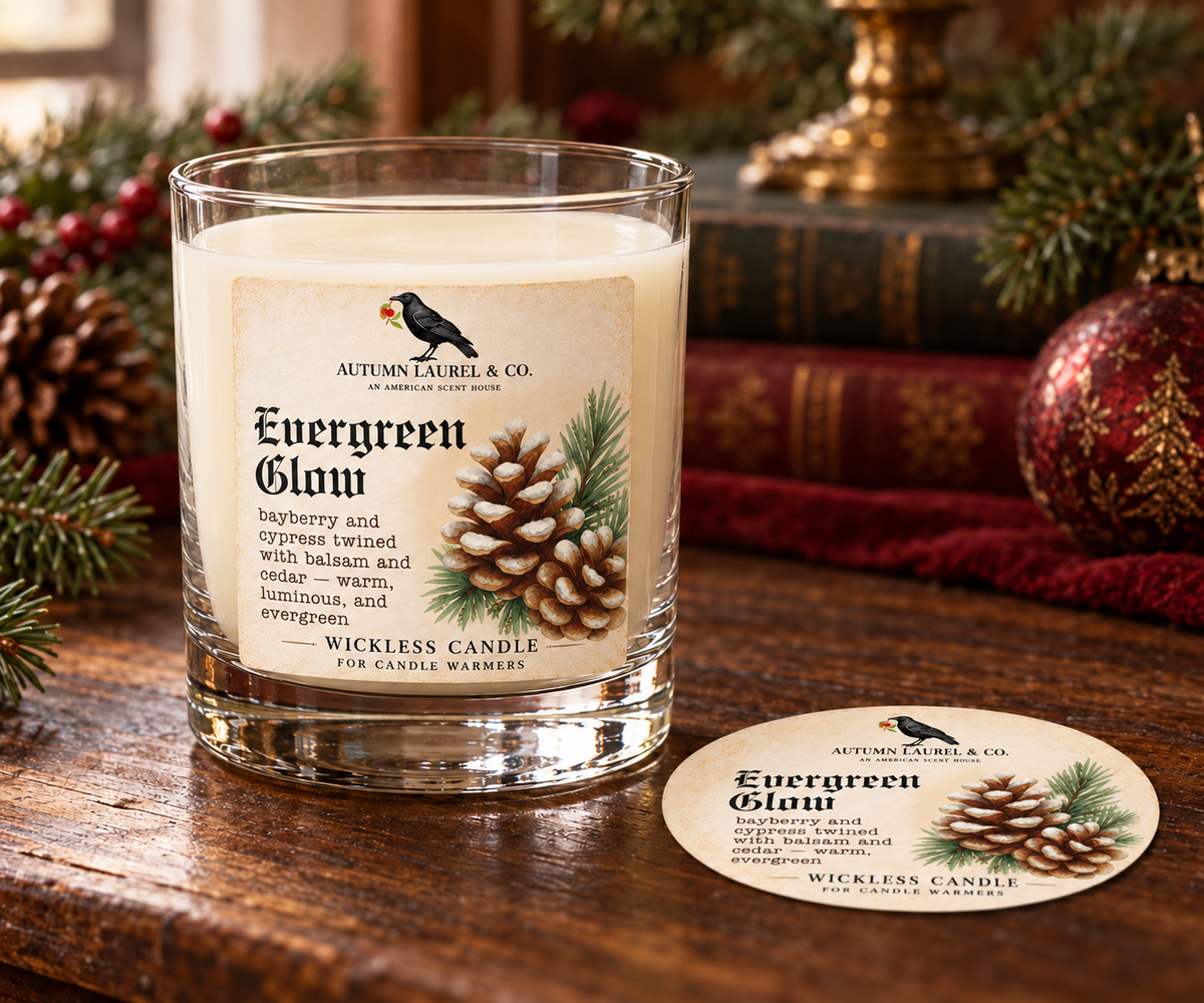 Evergreen Glow wickless candle in clear Libbey rocks glass with matching paper dust cover