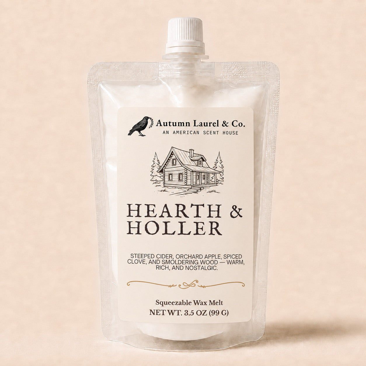 Hearth and Holler apple cider, spiced clove and smoldering wood squeezable wax melt in a 3.5 oz pouch