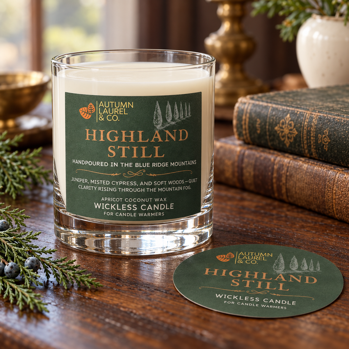 Highland Still wickless candle in clear Libbey rocks glass with matching paper dust cover