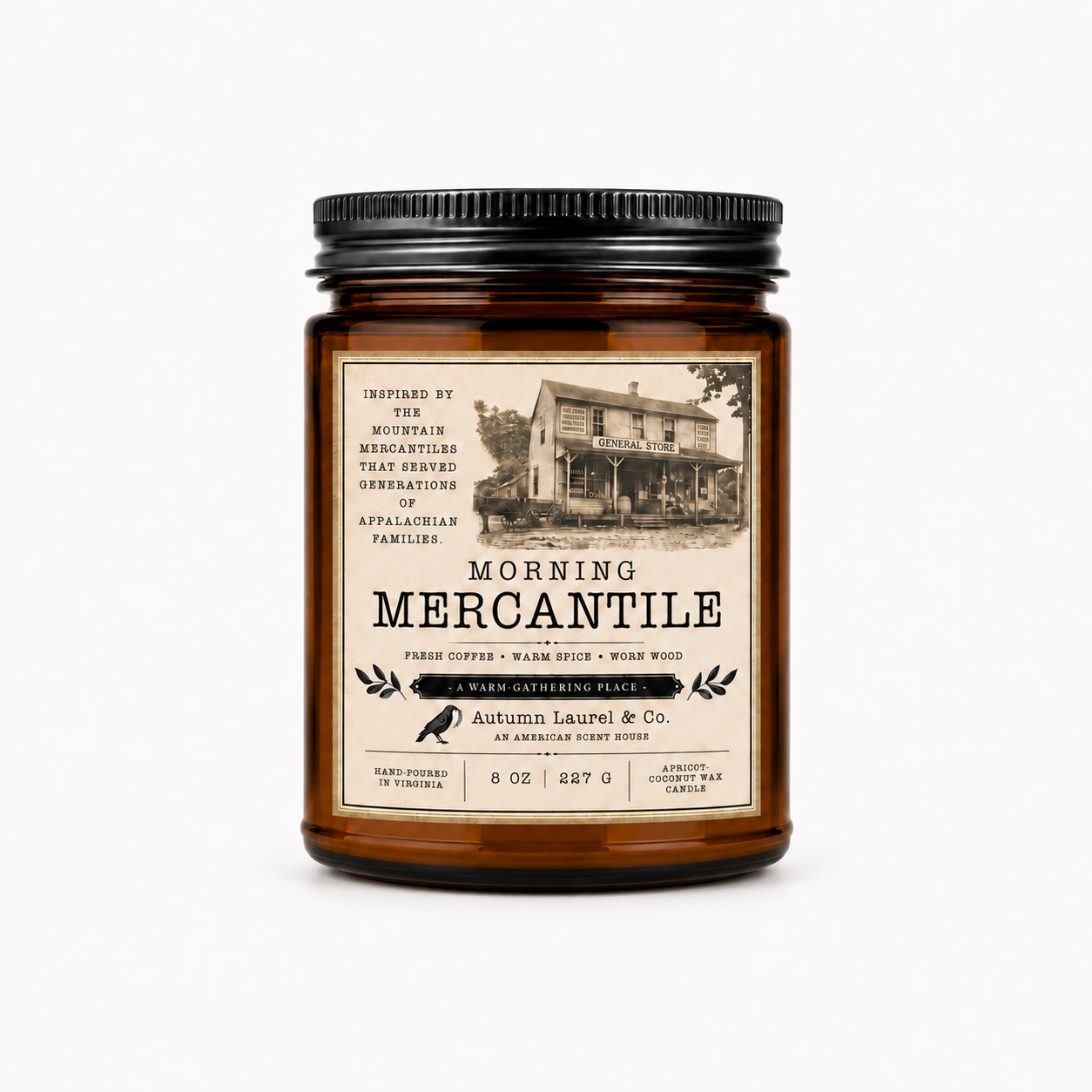 Morning Mercantile candle in amber jar by Autumn Laurel & Co.