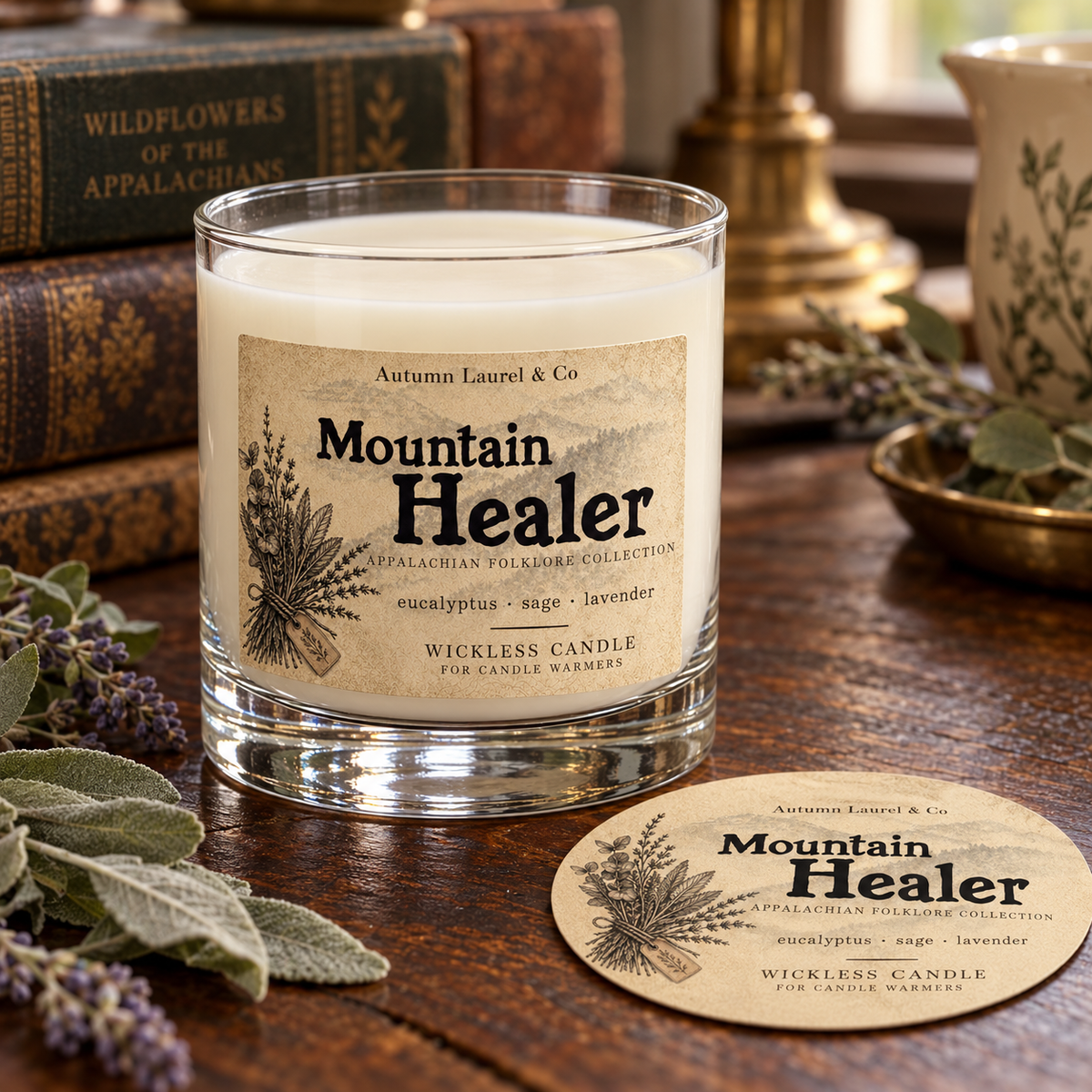 Mountain Healer wickless candle in clear Libbey rocks glass with matching paper dust cover
