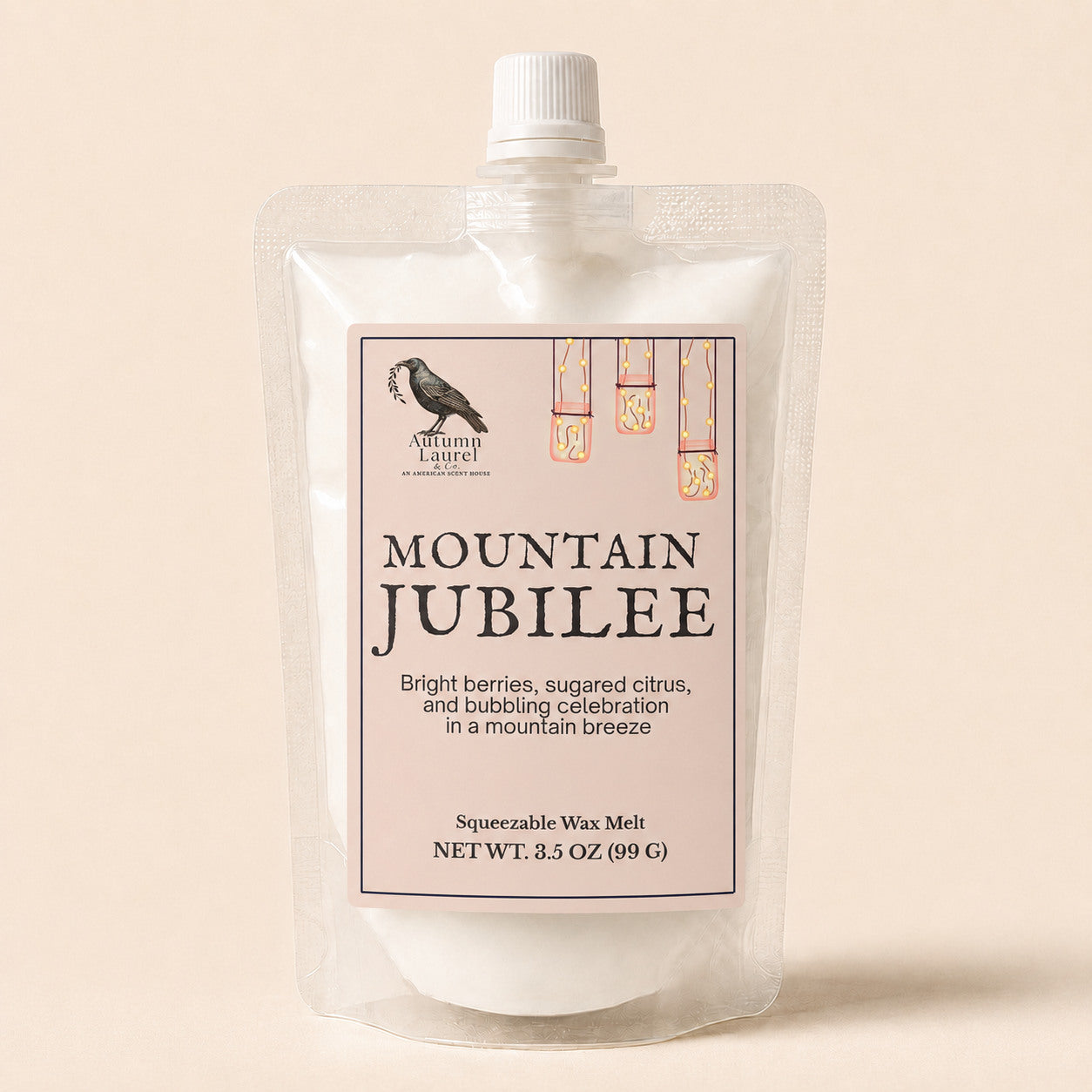 Mountain Jubilee bright berry and sugared citrus squeezable wax melt in a 3.5 oz pouch