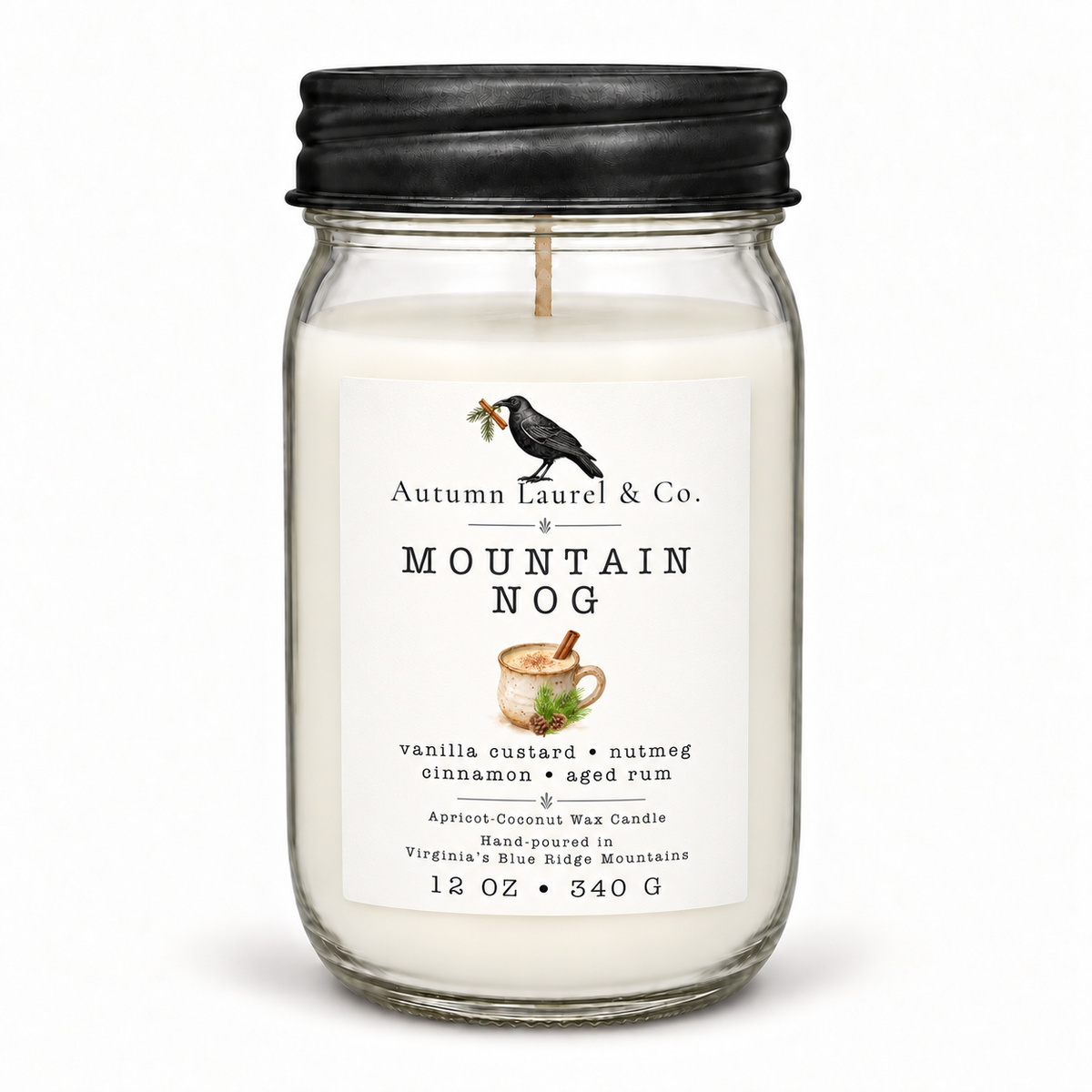 Mountain Nog 12 oz mason jar candle with black farmhouse lid