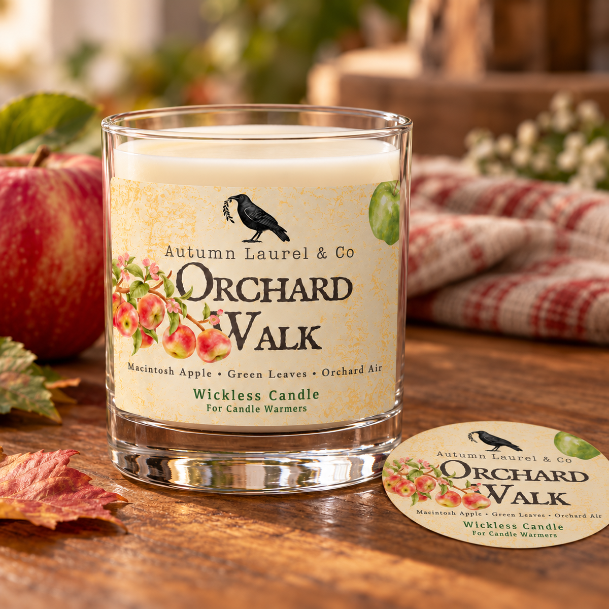 Orchard Walk wickless candle in clear Libbey rocks glass with matching paper dust cover