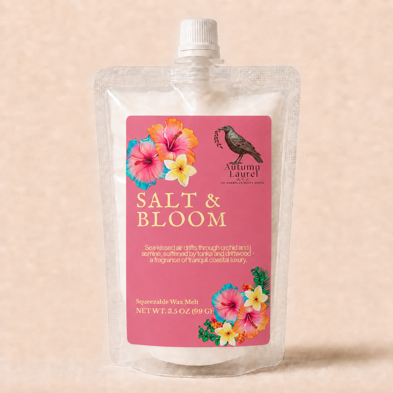 Salt and Bloom orchid, jasmine, tonka and driftwood squeezable wax melt in a 3.5 oz pouch