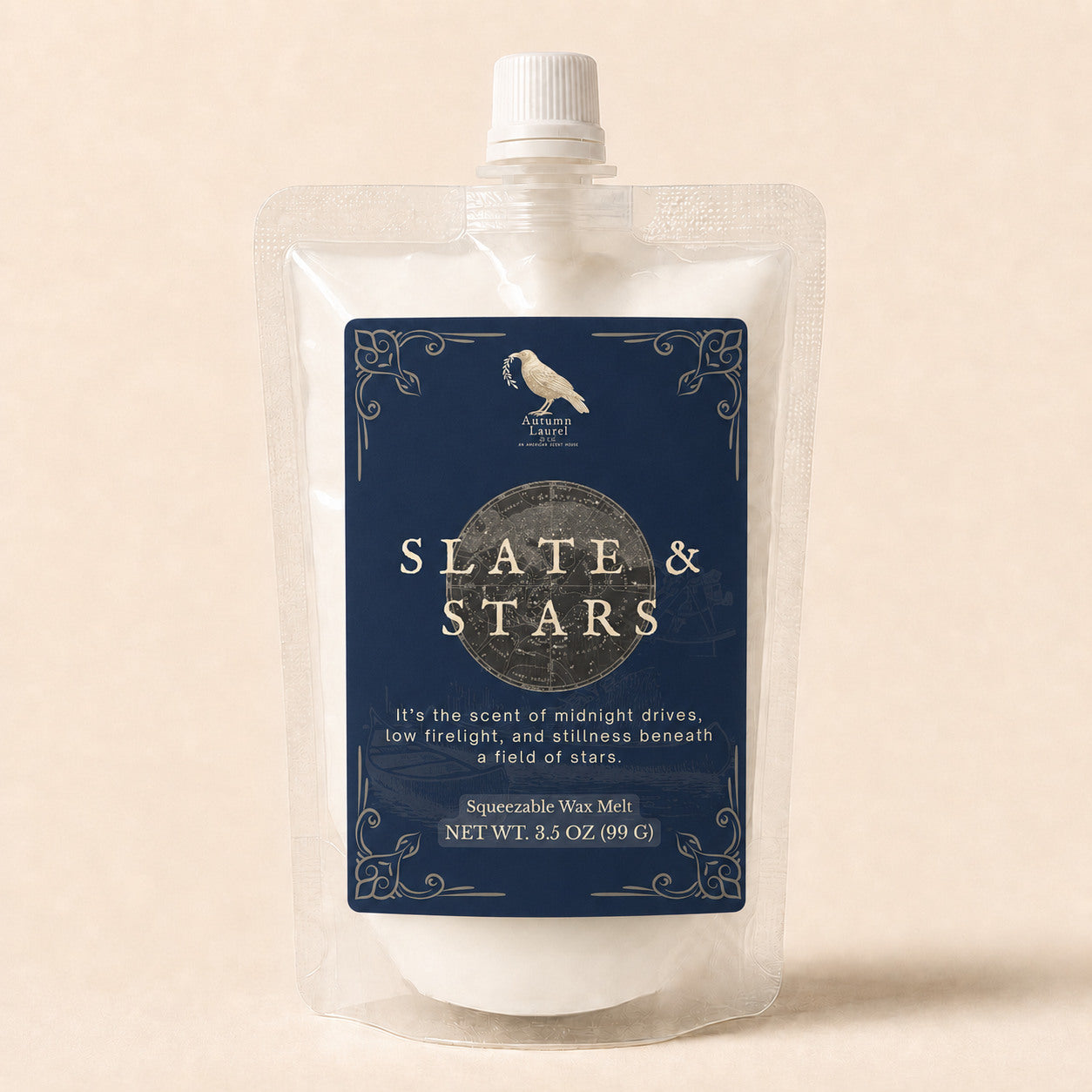 Slate and Stars atmospheric squeezable wax melt in a 3.5 oz pouch