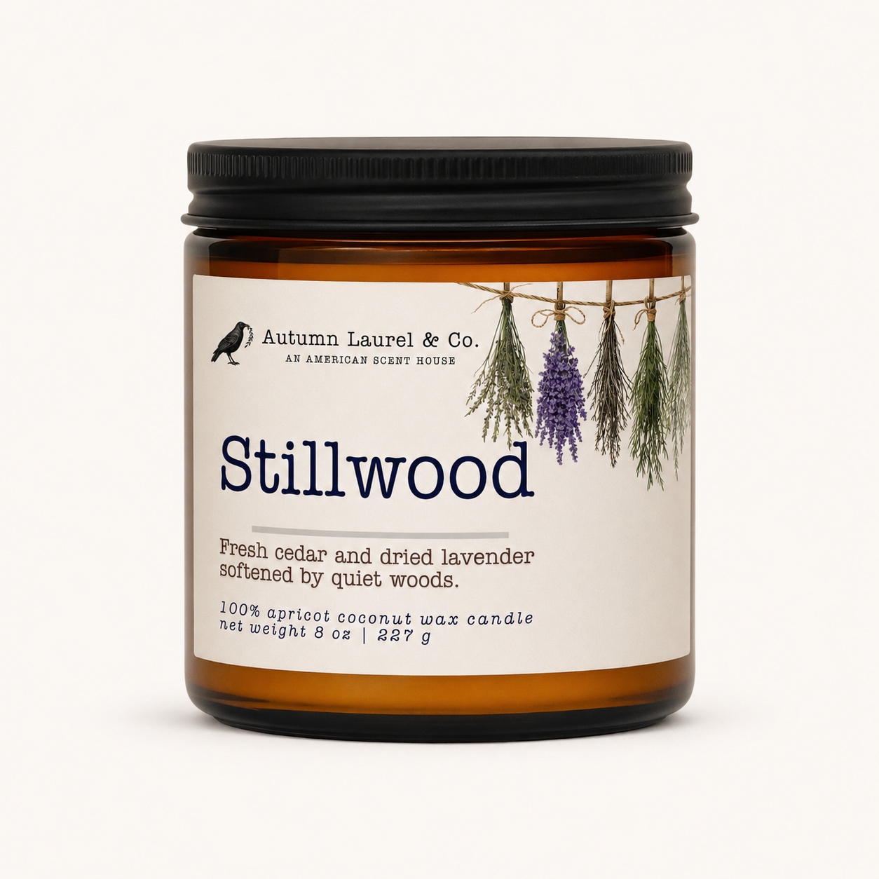 Stillwood cedar and dried lavender candle in an amber jar by Autumn Laurel & Co.