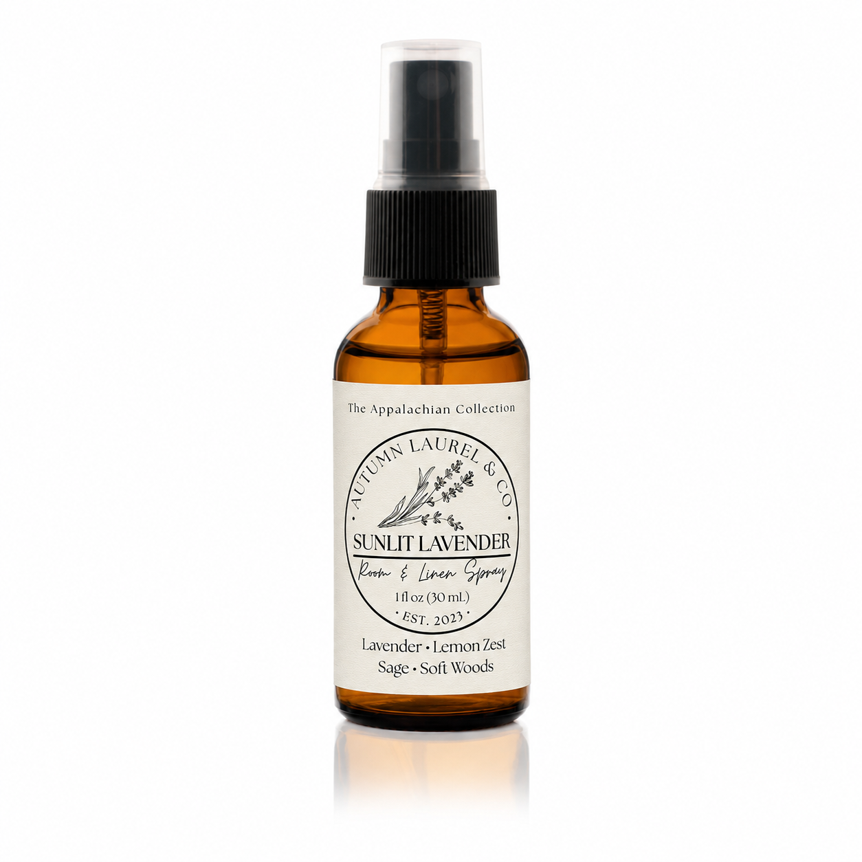 Sunlit Lavender room and linen spray in a 1 ounce amber glass bottle with cream linen label