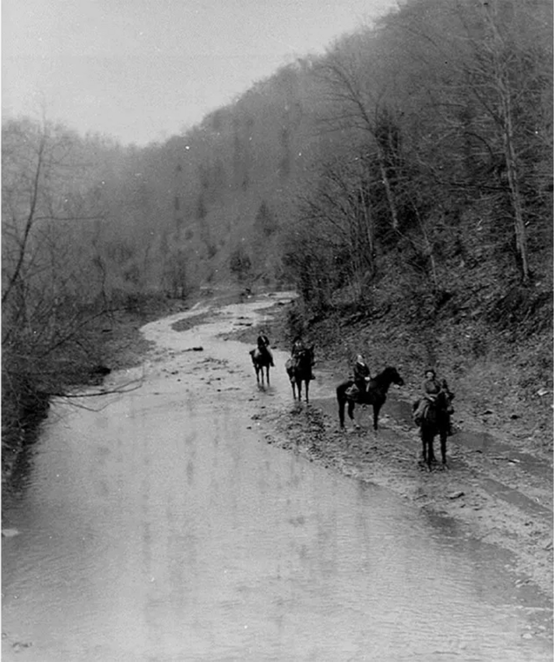 Pack Horse Librarians riding down Greasy Creek to deliver books to remote mountain homes, circa 1930s. Goodman-Paxton Photographic Collection, Kentucky Digital Library.