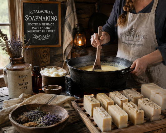 Handcrafted Appalachian soap bars arranged beside a cast iron kettle, dried botanicals, and traditional soapmaking tools, hand-poured in small batches in the Blue Ridge Mountains.