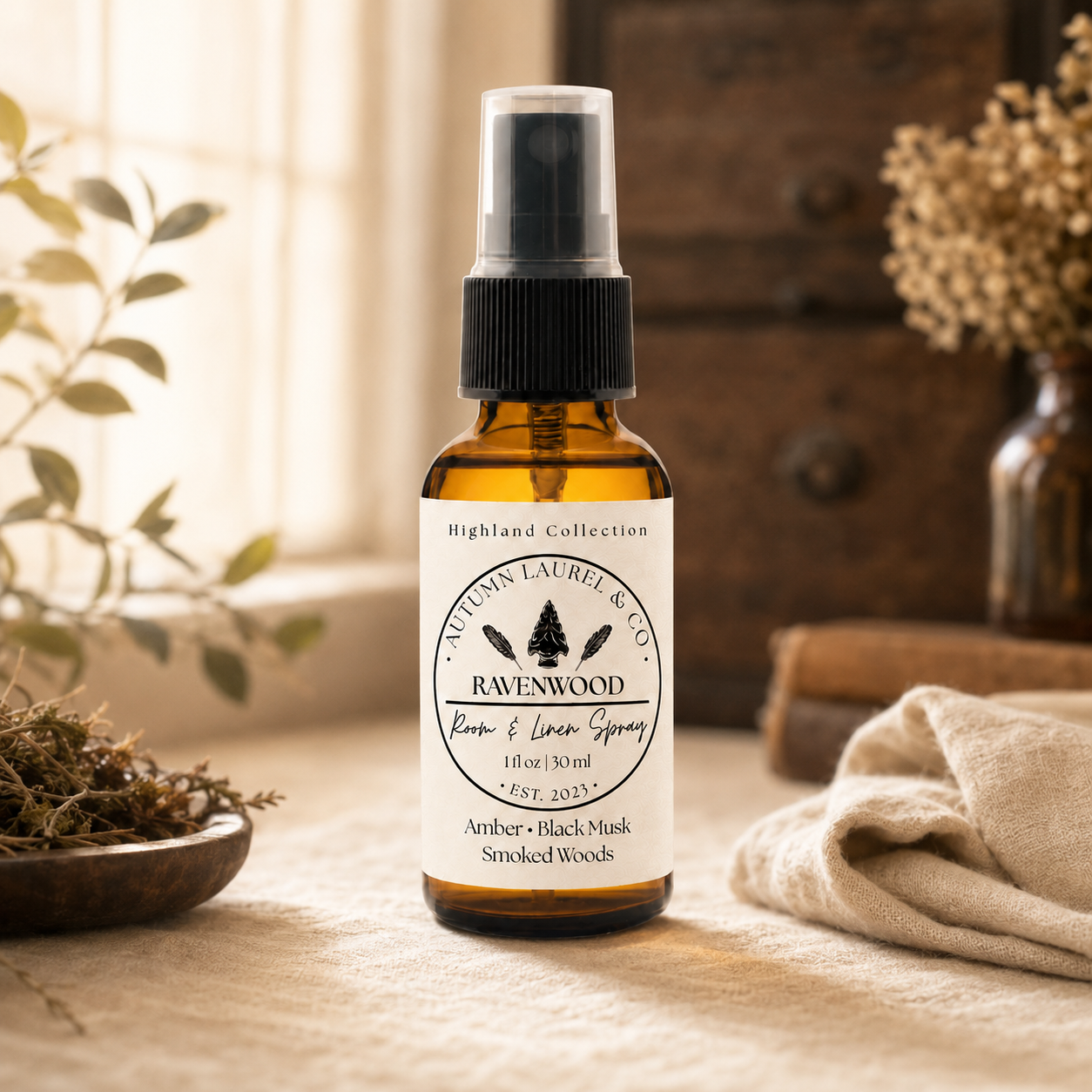 Autumn Laurel room and linen spray in amber glass with warm apothecary styling