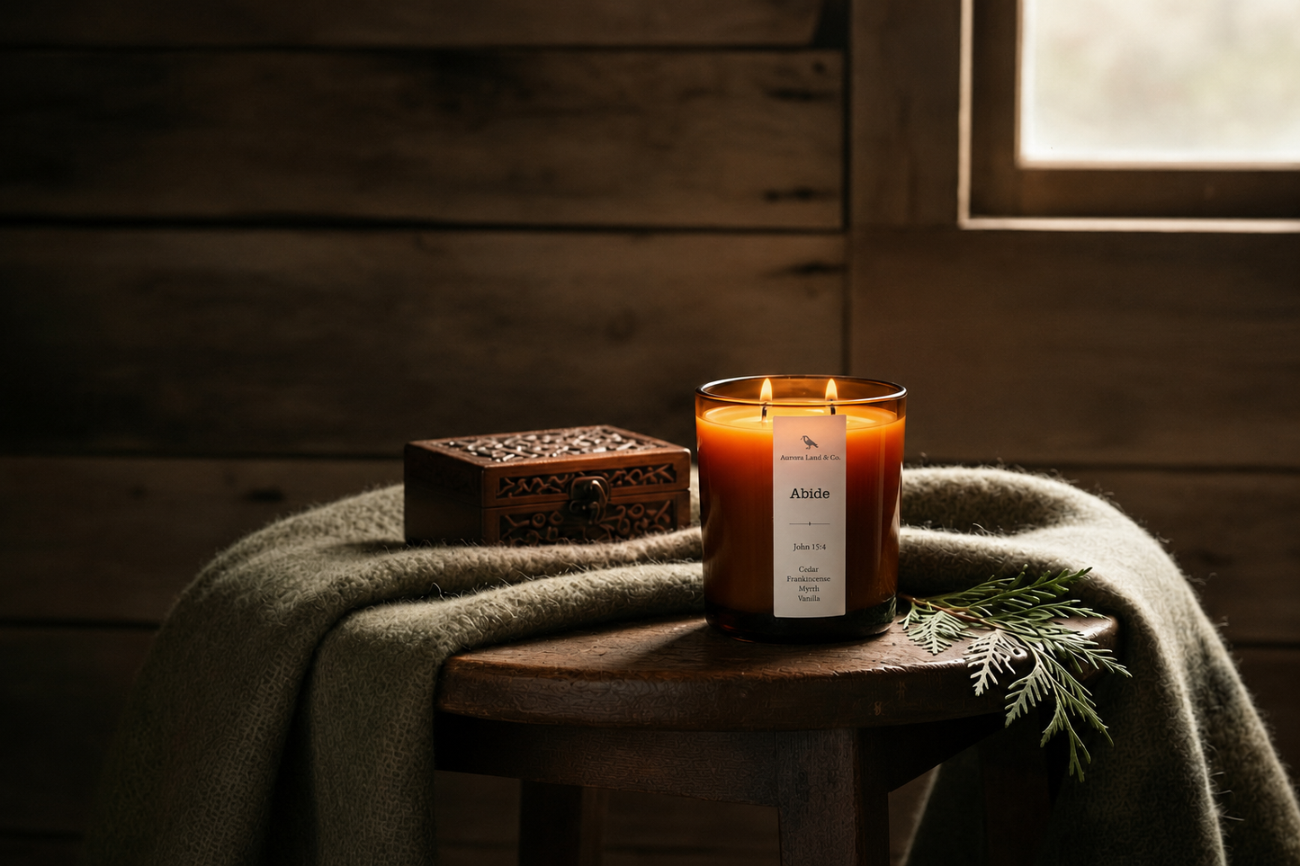 Amber glass Abide prayer candle with two lit wicks beside a carved wooden rosary box, cedar sprigs, and a soft wool blanket in a warmly lit rustic cabin.