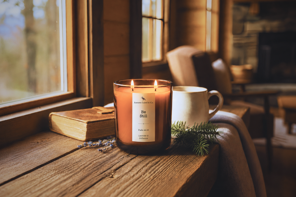 A lit amber glass candle named Be Still sits on a rustic wooden windowsill beside a white mug, a devotional book, and a sprig of greenery in a warm, cozy interior appalachian cabin setting.