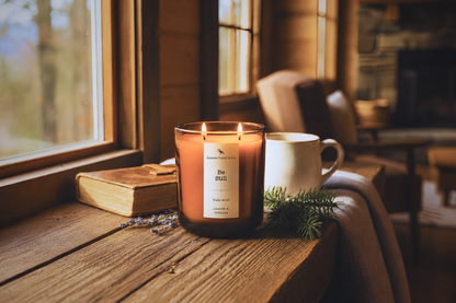A lit amber glass candle named Be Still sits on a rustic wooden windowsill beside a white mug, a devotional book, and a sprig of greenery in a warm, cozy interior appalachian cabin setting.
