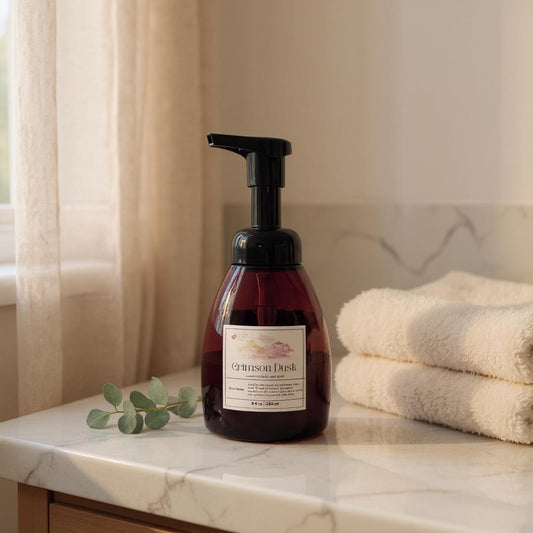 Bottle of Crimson Dusk Foaming Hand Soap on a marble Counter with two hand towels next to it.