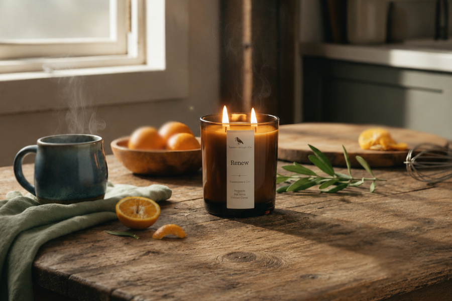 Amber glass Renew candle with two lit wicks on a weathered farmhouse table beside a steaming ceramic mug, citrus, olive branches, and soft morning light in a rustic kitchen.
