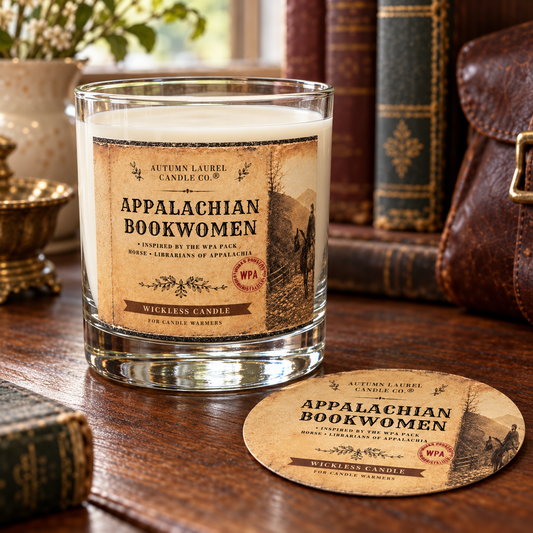 Appalachian Bookwomen wickless candle in clear Libbey rocks glass with matching paper dust cover