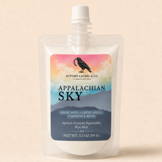 Appalachian Sky fresh mint, green apple and oakmoss squeezable wax melt in a 3.5 oz pouch
