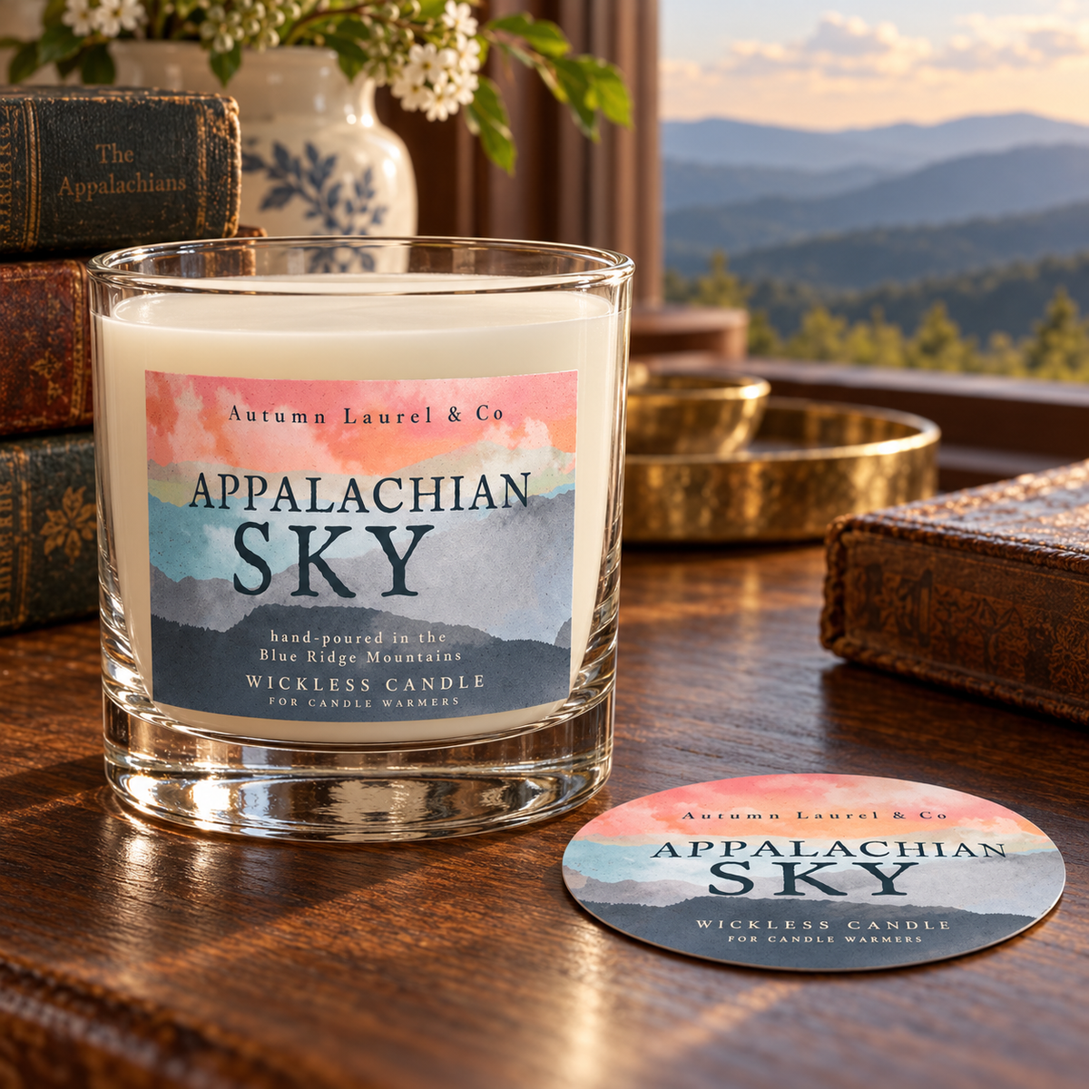 Appalachian Sky wickless candle in clear Libbey rocks glass with matching paper dust cover