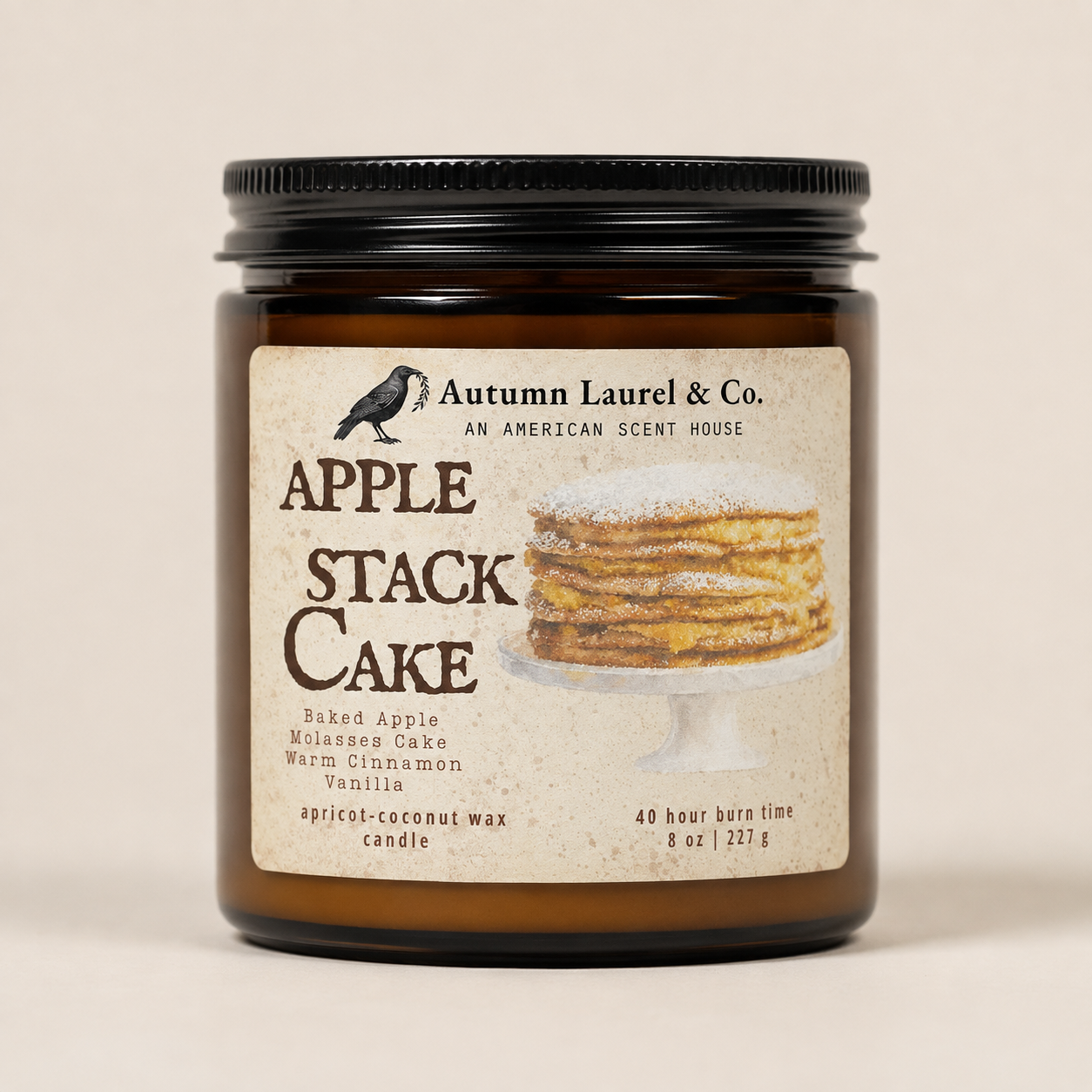 Apple Stack Cake candle in an 8 oz amber jar by Autumn Laurel & Co.