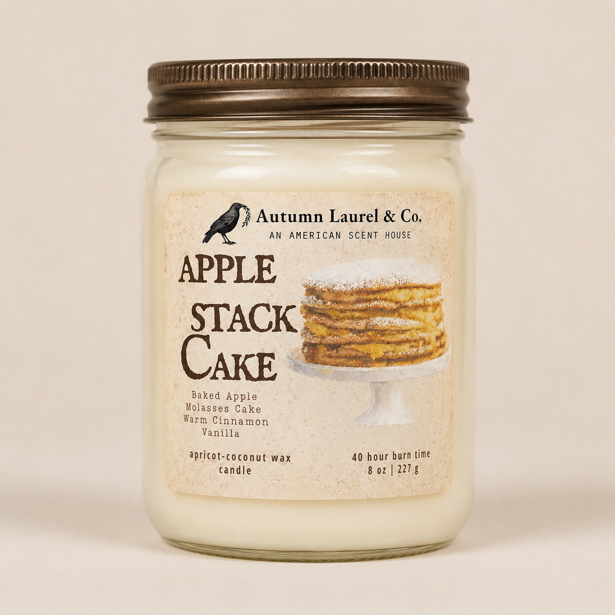 Apple Stack Cake candle in an 8 oz mason jar by Autumn Laurel & Co.