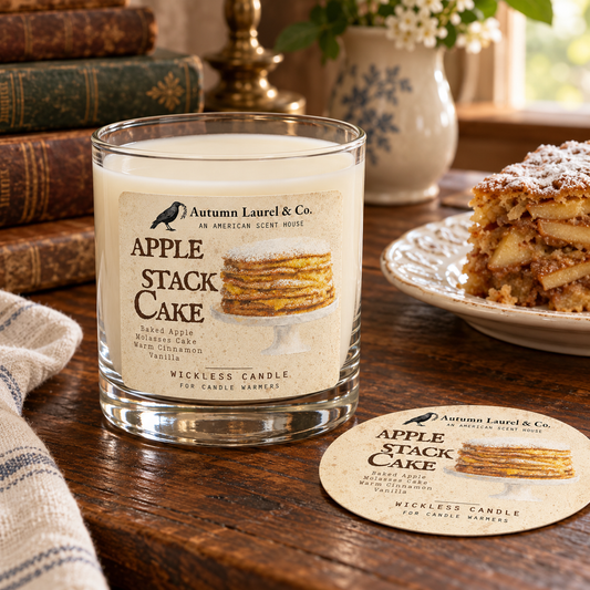 Apple Stack Cake wickless candle in clear Libbey glass with matching paper dust cover