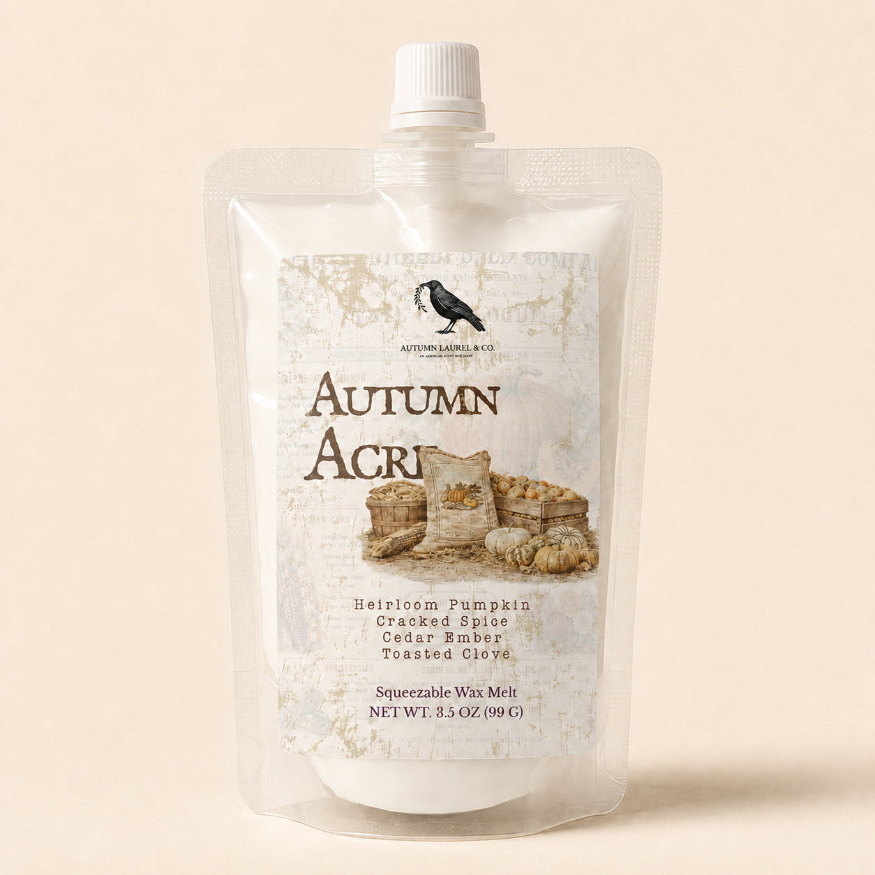 Autumn Acres pumpkin, cedar and clove squeezable wax melt in a 3.5 oz pouch