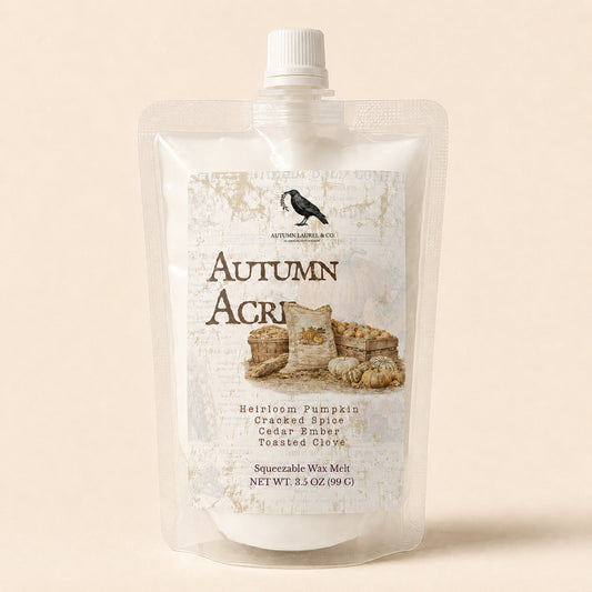 Autumn Acres pumpkin, cedar and clove squeezable wax melt in a 3.5 oz pouch