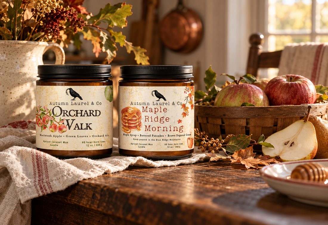 Orchard Walk and Maple Ridge Morning amber jar candles on an autumn kitchen table