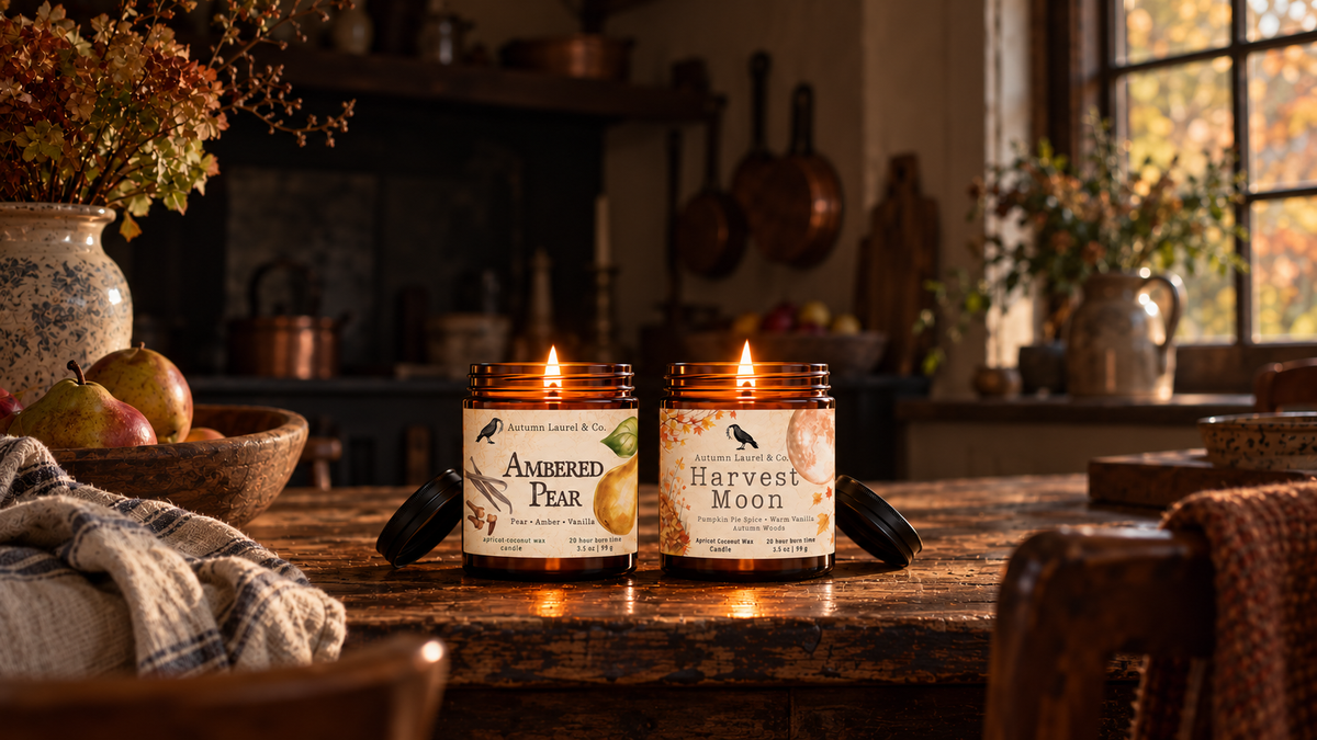 Lit Autumn Laurel amber jar candles on an autumn table