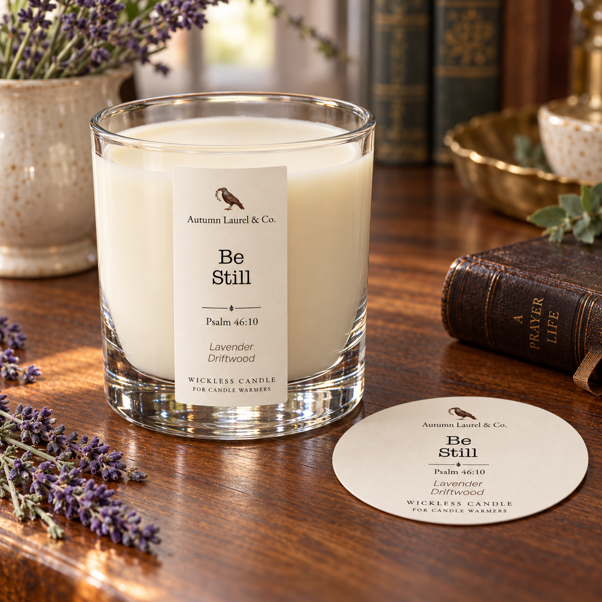 Be Still wickless candle in clear Libbey glass with matching paper dust cover