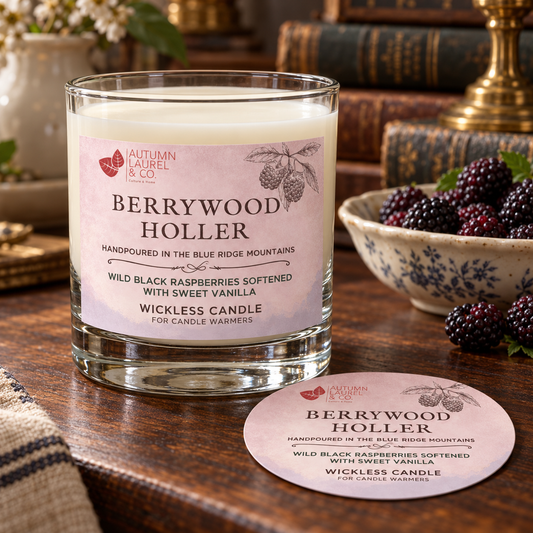 Berrywood Holler wickless candle in clear Libbey rocks glass with matching paper dust cover