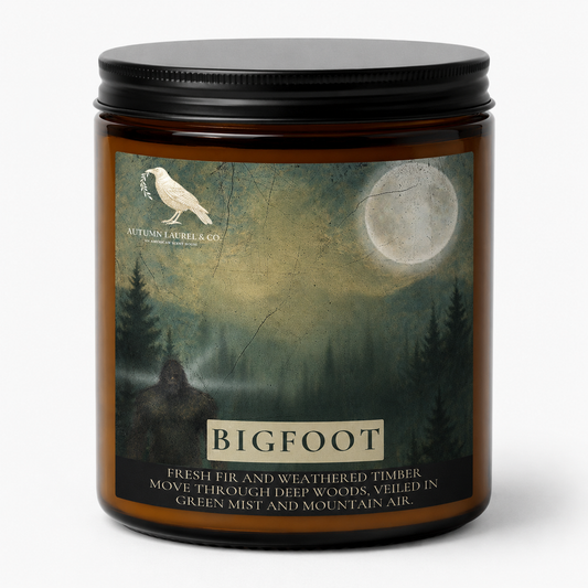 Bigfoot Appalachian folklore candle in a 9 oz amber glass jar with flat black metal lid