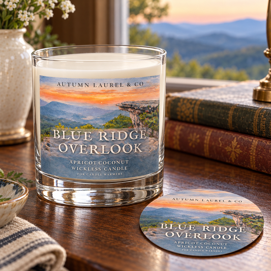 Blue Ridge Overlook wickless candle in clear Libbey rocks glass with matching paper dust cover