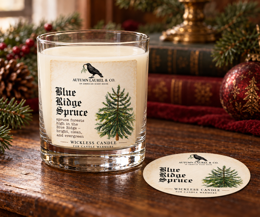 Blue Ridge Spruce wickless candle in clear Libbey rocks glass with matching paper dust cover
