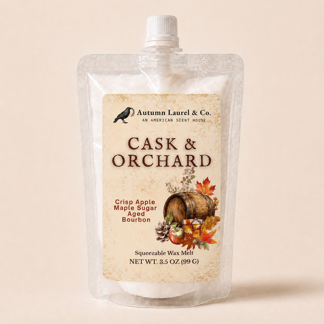 Cask and Orchard crisp apple, maple sugar and aged bourbon squeezable wax melt in a 3.5 oz pouch