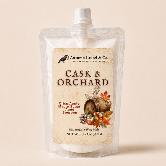 Cask and Orchard crisp apple, maple sugar and aged bourbon squeezable wax melt in a 3.5 oz pouch