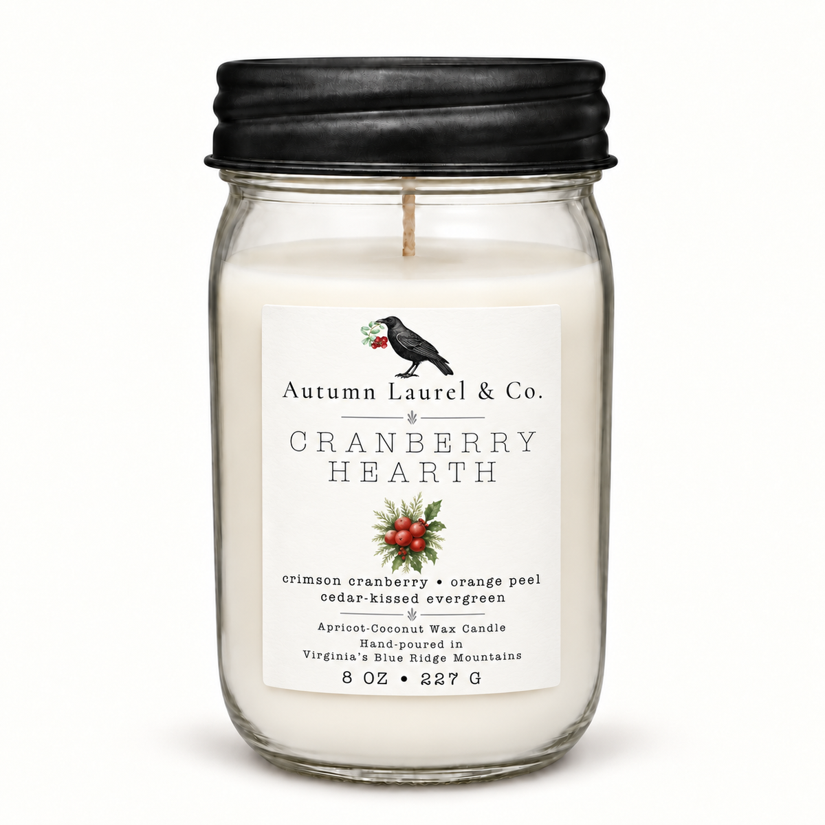 Cranberry Hearth 8 oz mason jar candle with black farmhouse lid