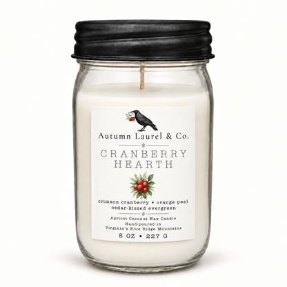 Cranberry Hearth 8 oz mason jar candle with black farmhouse lid