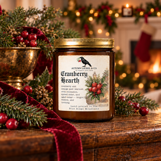 Cranberry Hearth amber jar candle by Autumn Laurel & Co. in a warm vintage Christmas setting