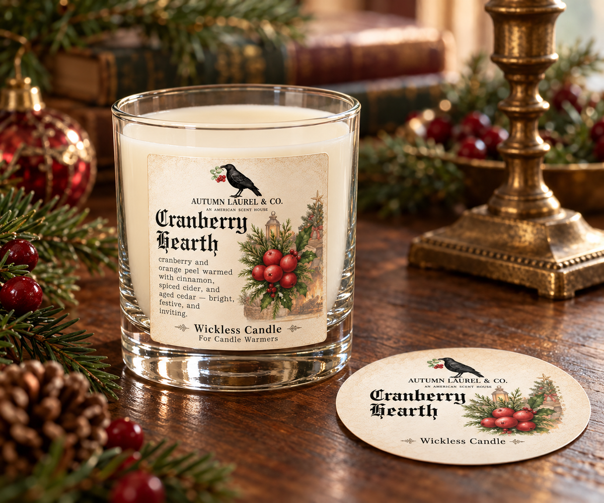 Cranberry Hearth wickless candle in clear Libbey rocks glass with matching paper dust cover
