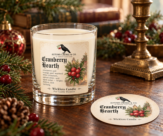 Cranberry Hearth wickless candle in clear Libbey rocks glass with matching paper dust cover