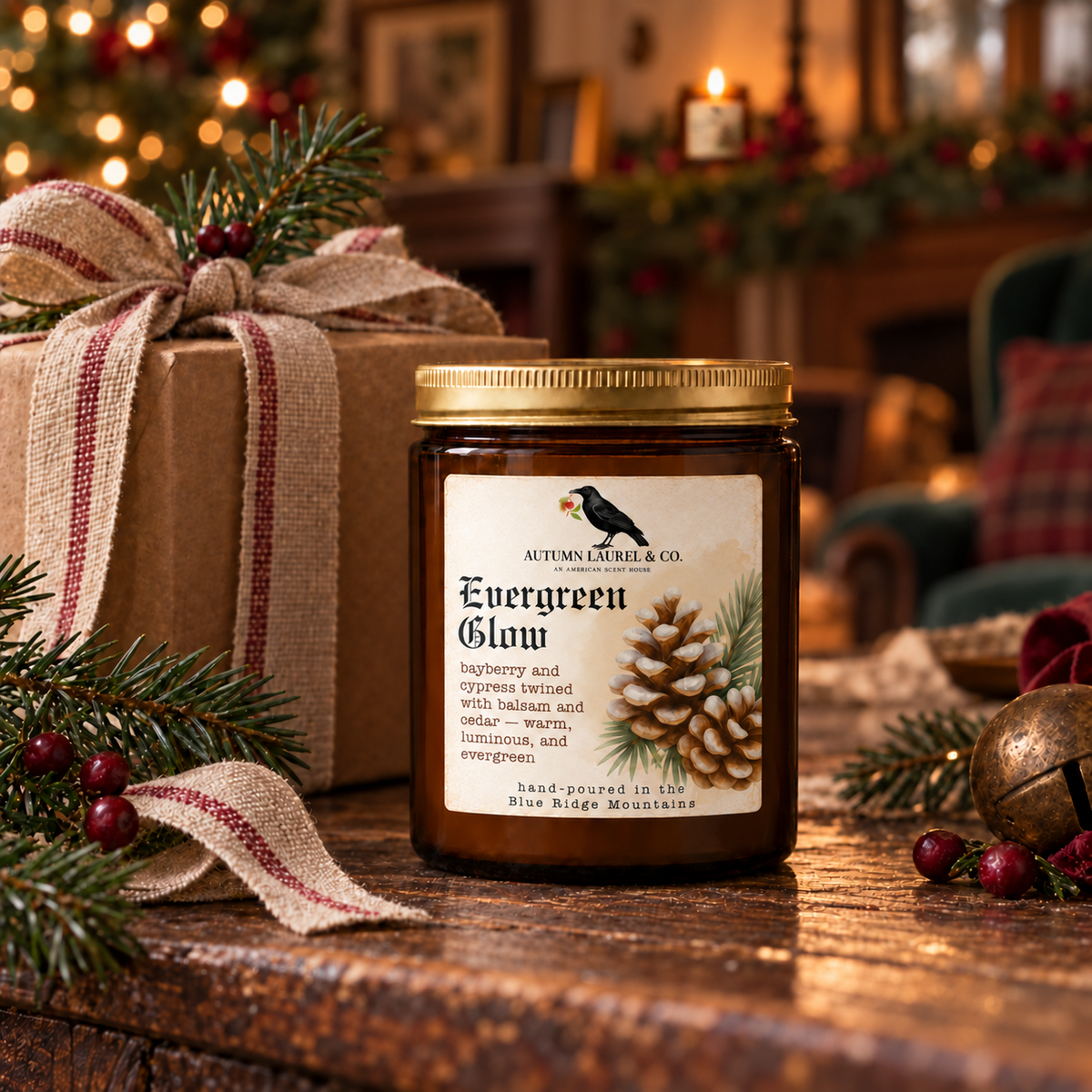 Evergreen Glow amber jar candle by Autumn Laurel & Co. in a warm vintage Christmas setting