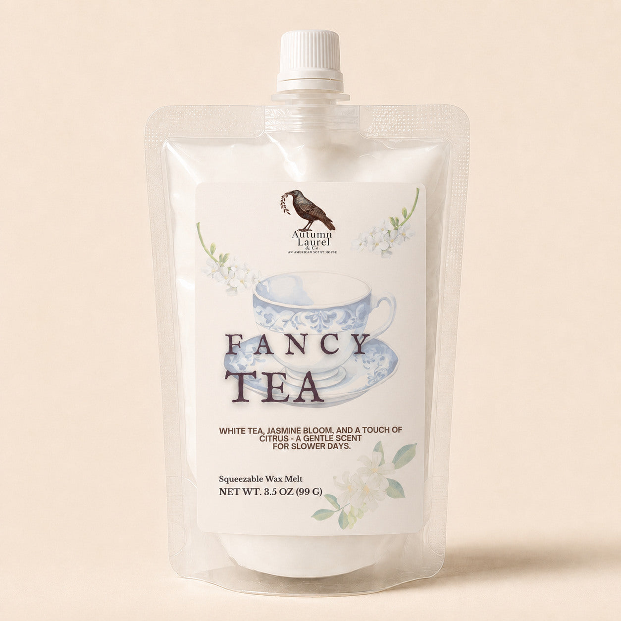 Fancy Tea white tea, jasmine and citrus squeezable wax melt in a 3.5 oz pouch