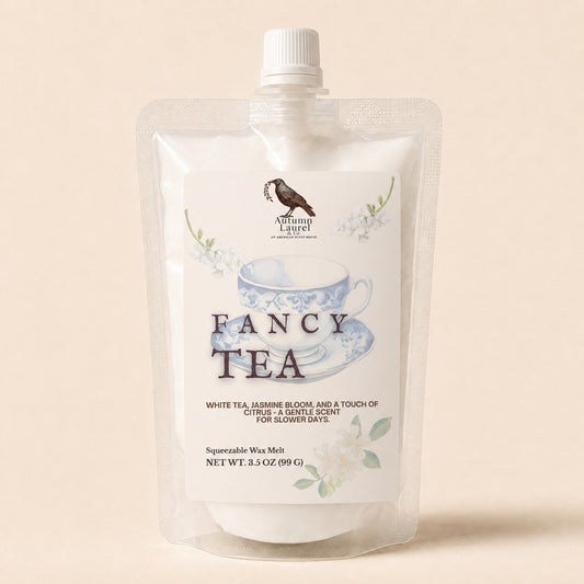 Fancy Tea white tea, jasmine and citrus squeezable wax melt in a 3.5 oz pouch