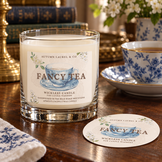Fancy Tea wickless candle in clear Libbey rocks glass with matching paper dust cover