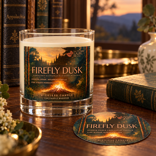 Firefly Dusk wickless candle in clear Libbey glass with matching paper dust cover